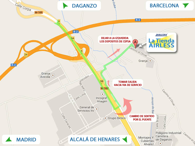 Mapa a la Tienda Airless con ruta desde Daganzo